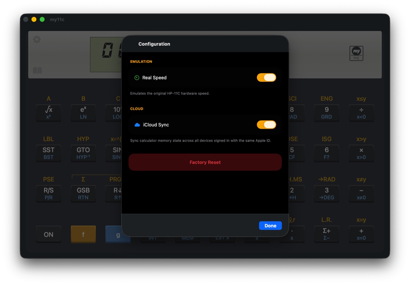 MY11C configuration panel on macOS