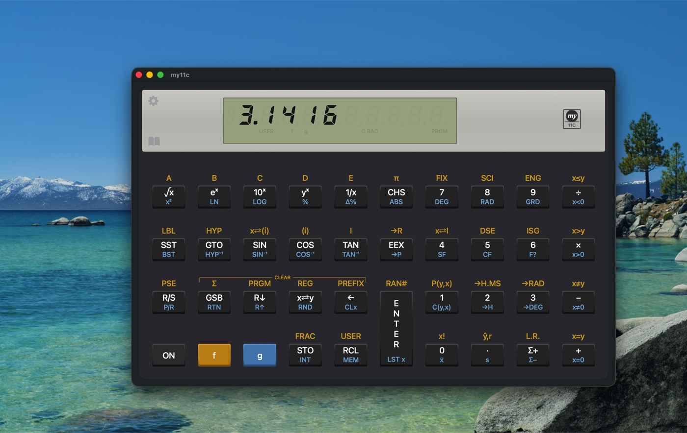 MY11C HP-11C emulator on macOS showing the calculator face