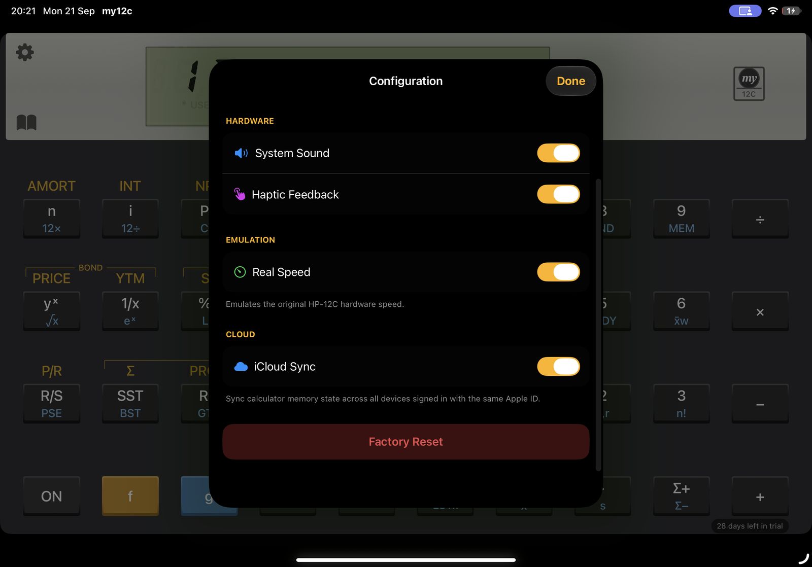 MY12C configuration panel on iPad
