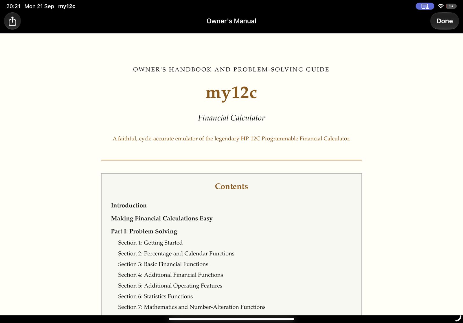 MY12C built-in owner's handbook on iPad