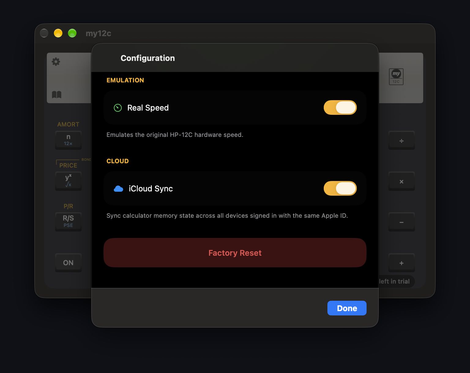 MY12C configuration panel on macOS