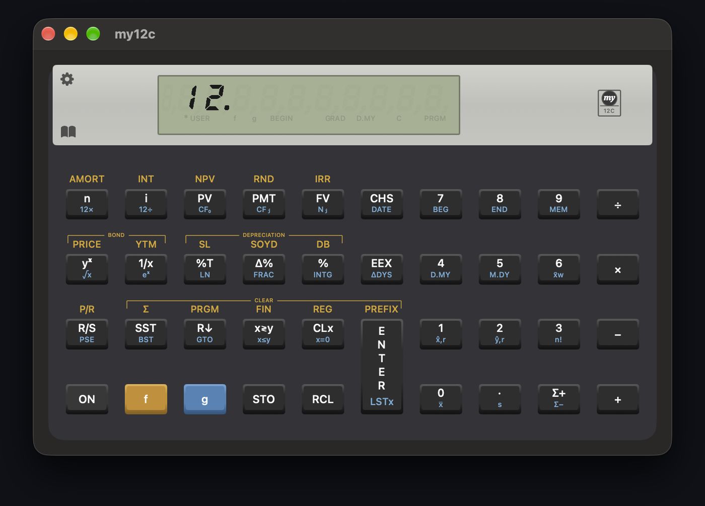 MY12C HP-12C emulator on macOS showing the calculator face