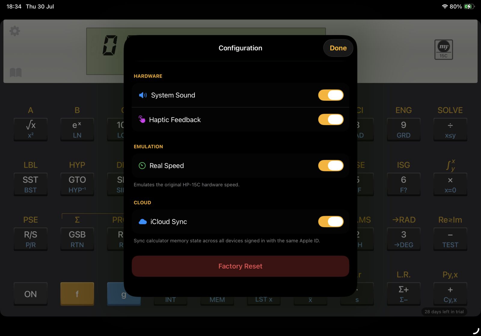 MY15C configuration panel on iPad