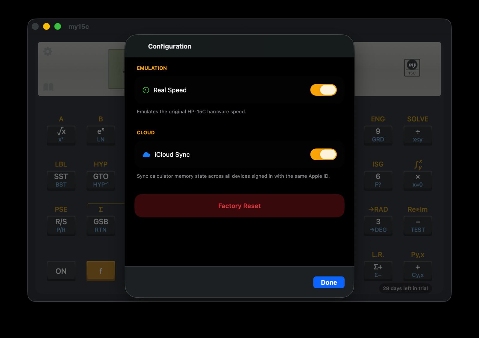 MY15C configuration panel on macOS