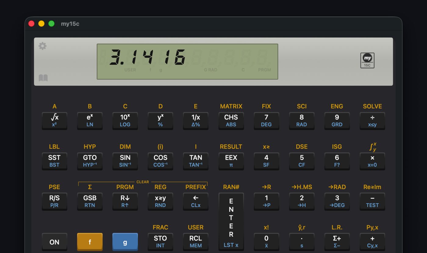 MY15C HP-15C emulator on macOS showing the calculator face