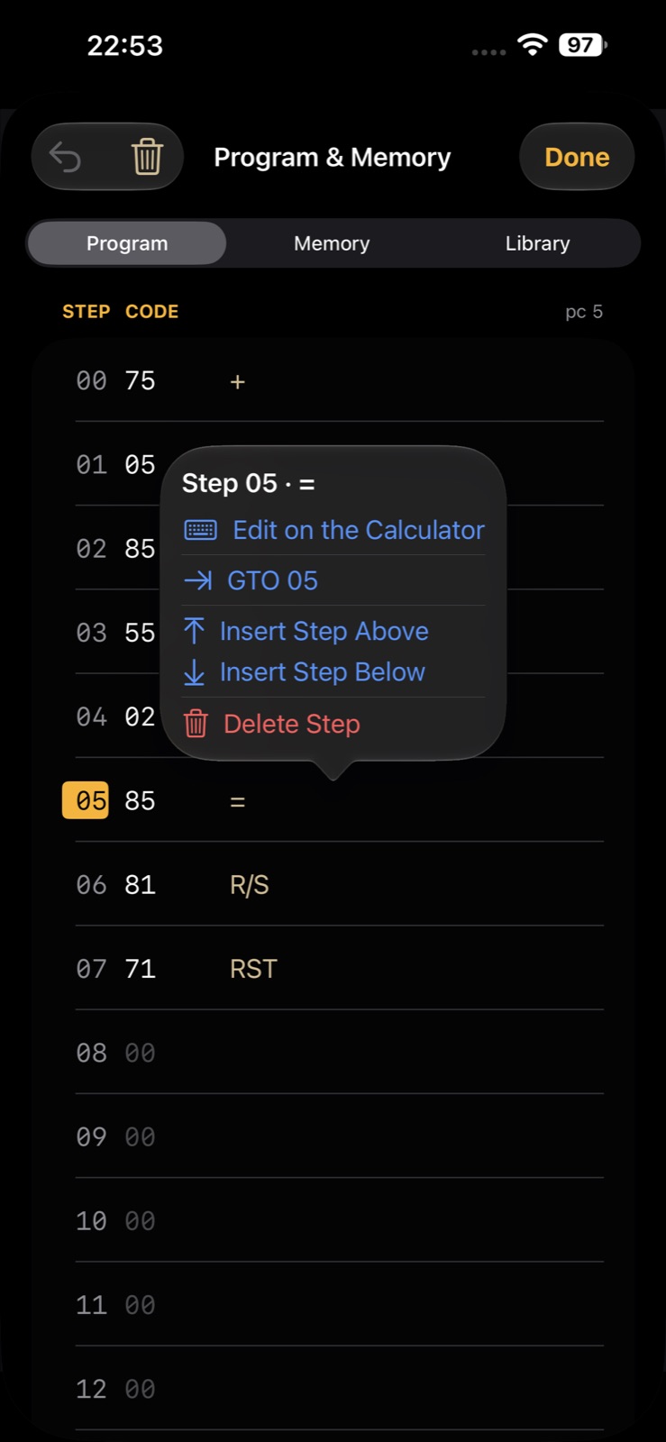 MY57 program editor on iOS
