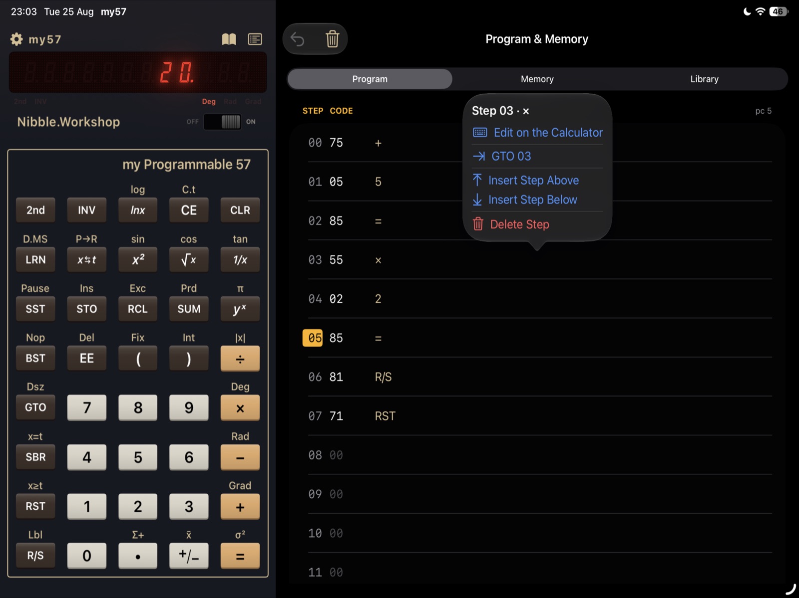 MY57 memory registers on iPadOS