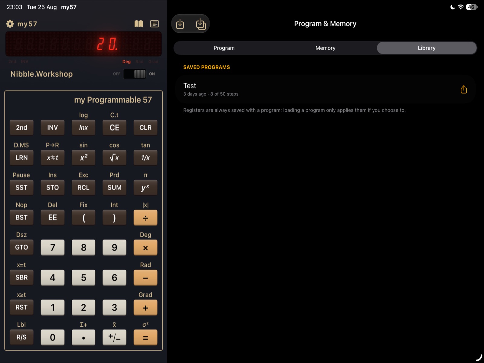 MY57 saved program library on iPadOS