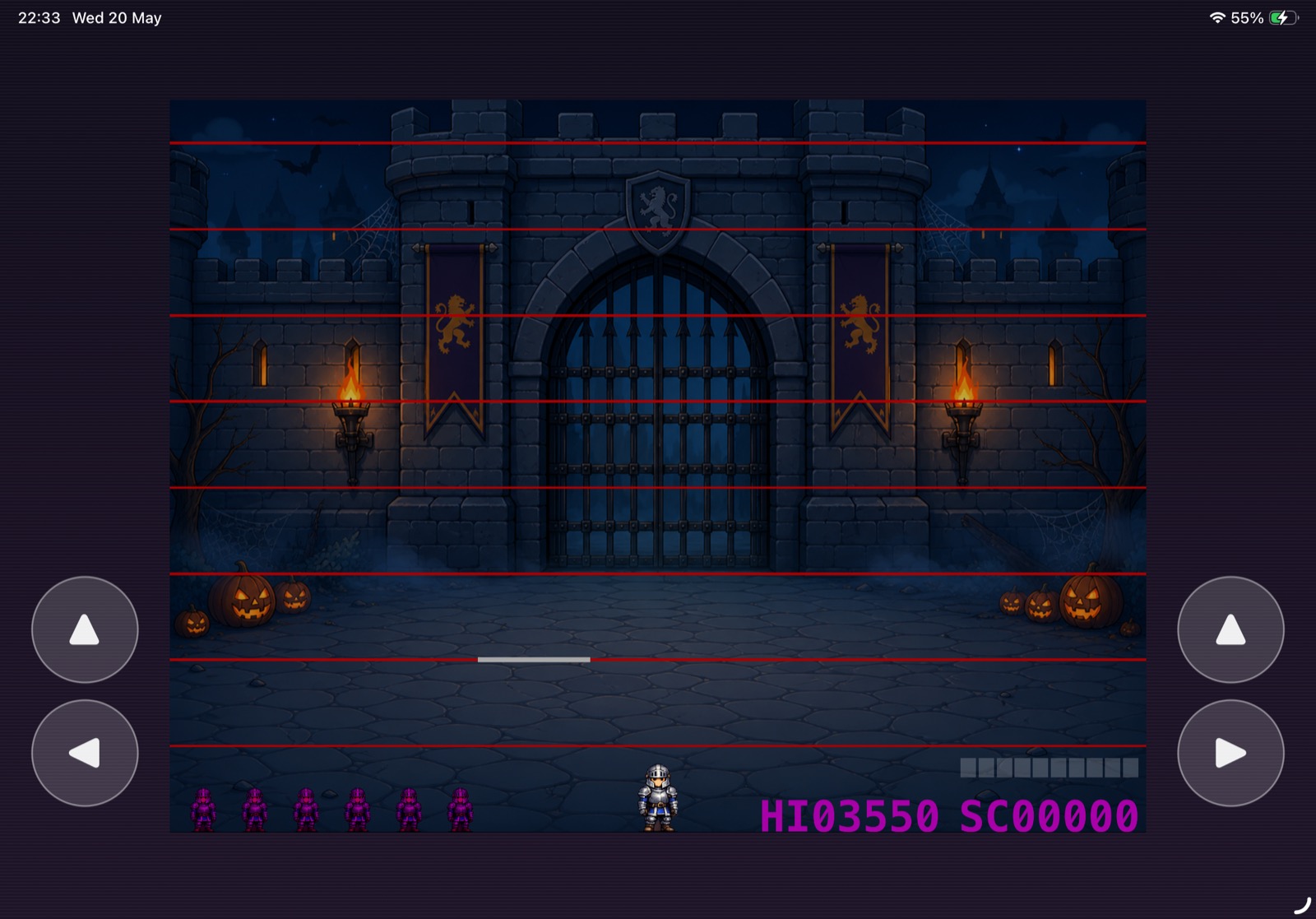 iPad gameplay: knight at the bottom floor of the castle gate, with on-screen controls visible on both sides and the score and lives bar across the bottom