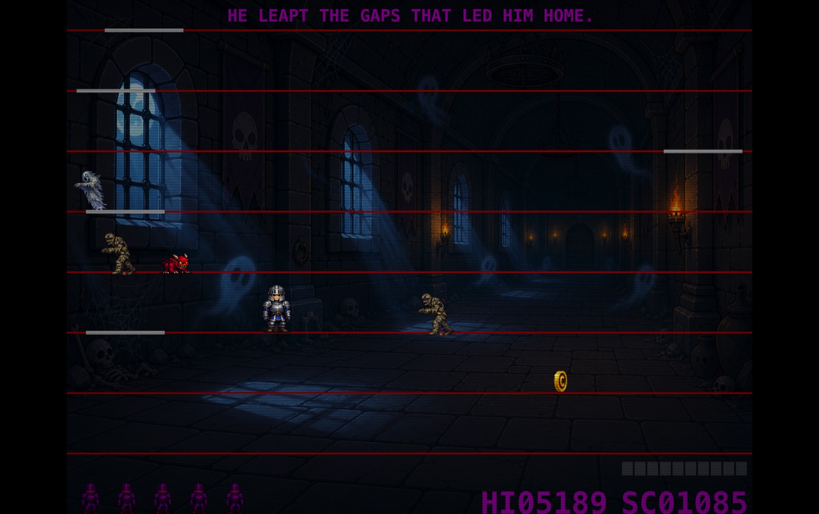 Mac gameplay: knight surrounded by drifting ghosts and a coin, with the ballad line 'HE LEAPT THE GAPS THAT LED HIM HOME' across the top