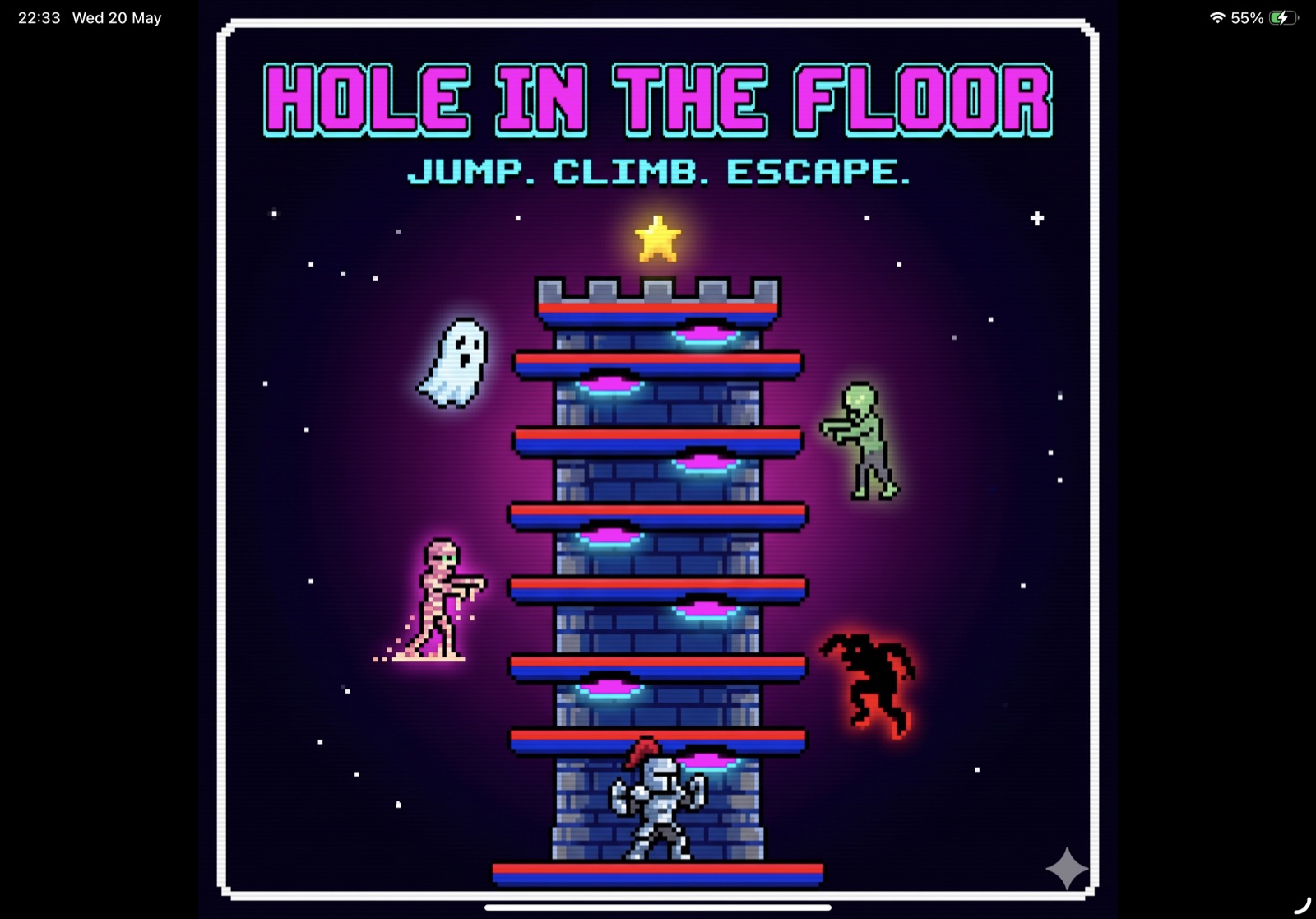 Hole in the Floor title screen showing the eight-floor castle, a knight at the bottom, a ghost, a zombie, a mummy and a jumper enemy positioned around the tower