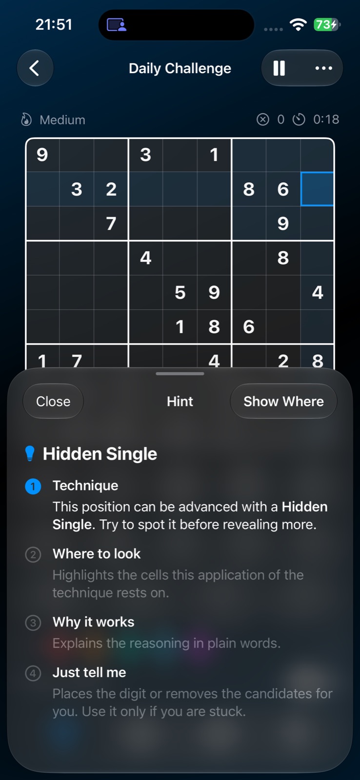 Daily Challenge on iPhone with a hint sheet open, offering Close, Hint and Show Where for a Hidden Single