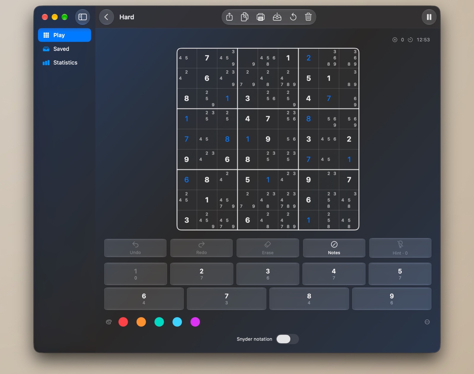 mySudoku on Mac in dark mode: a Hard puzzle with pencil marks in every empty cell, the number pad below, a row of five candidate colours and a Snyder notation toggle