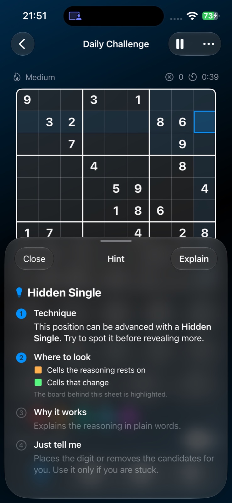 mySudoku hint sheet on iPhone explaining a Hidden Single in four stages: Technique, Where to look with the reasoning cells highlighted in orange and the changing cell in green, Why it works, and Just tell me