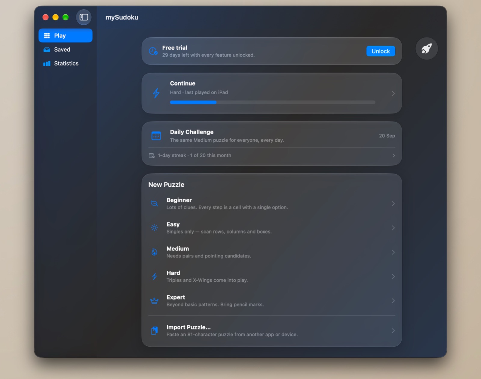 mySudoku Play tab on Mac: a free-trial banner, a Continue card for a Hard puzzle last played on iPad, the Daily Challenge card with streak, and the New Puzzle list from Beginner to Expert plus Import Puzzle
