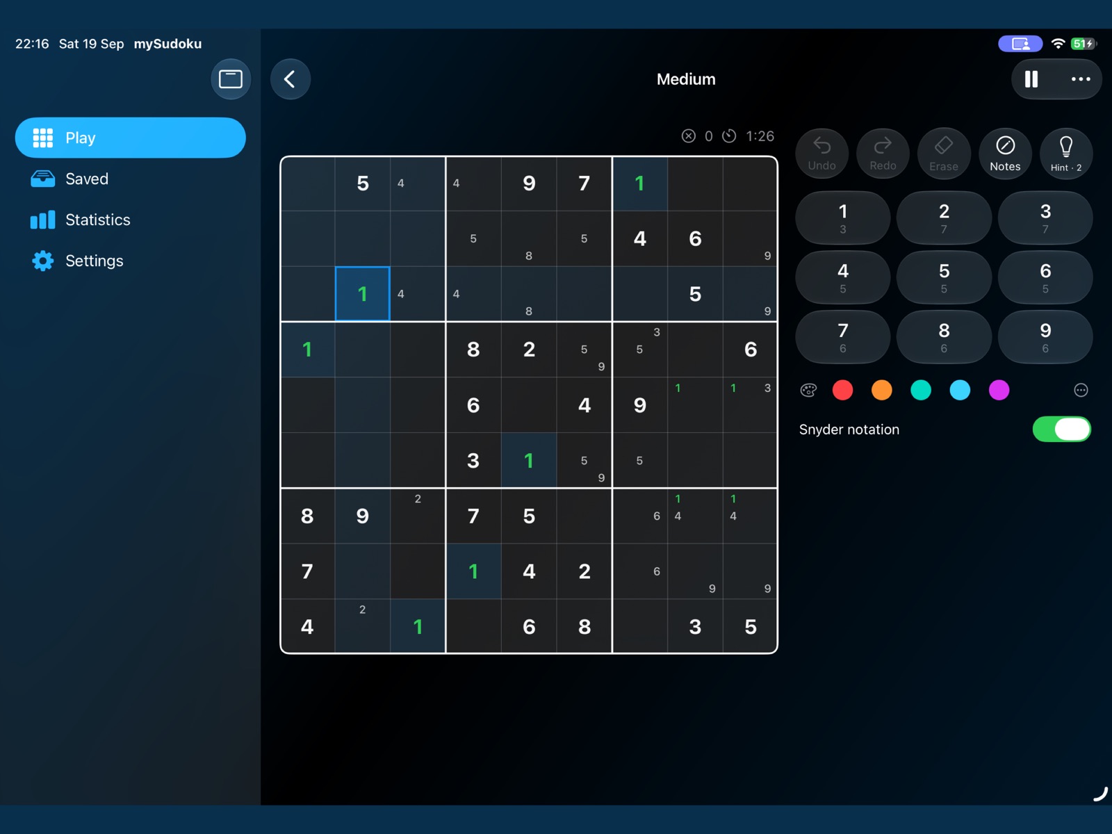 mySudoku on iPad in landscape: a Medium puzzle with the sidebar on the left, the number pad and candidate colours on the right, and Snyder notation switched on