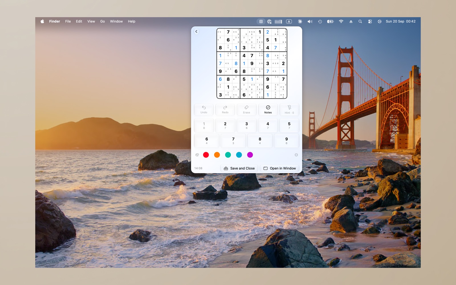 mySudoku menu bar window on a Mac desktop: a compact Hard puzzle with number pad and candidate colours dropped down from the menu bar over the wallpaper, with Save and Close and Open in Window buttons