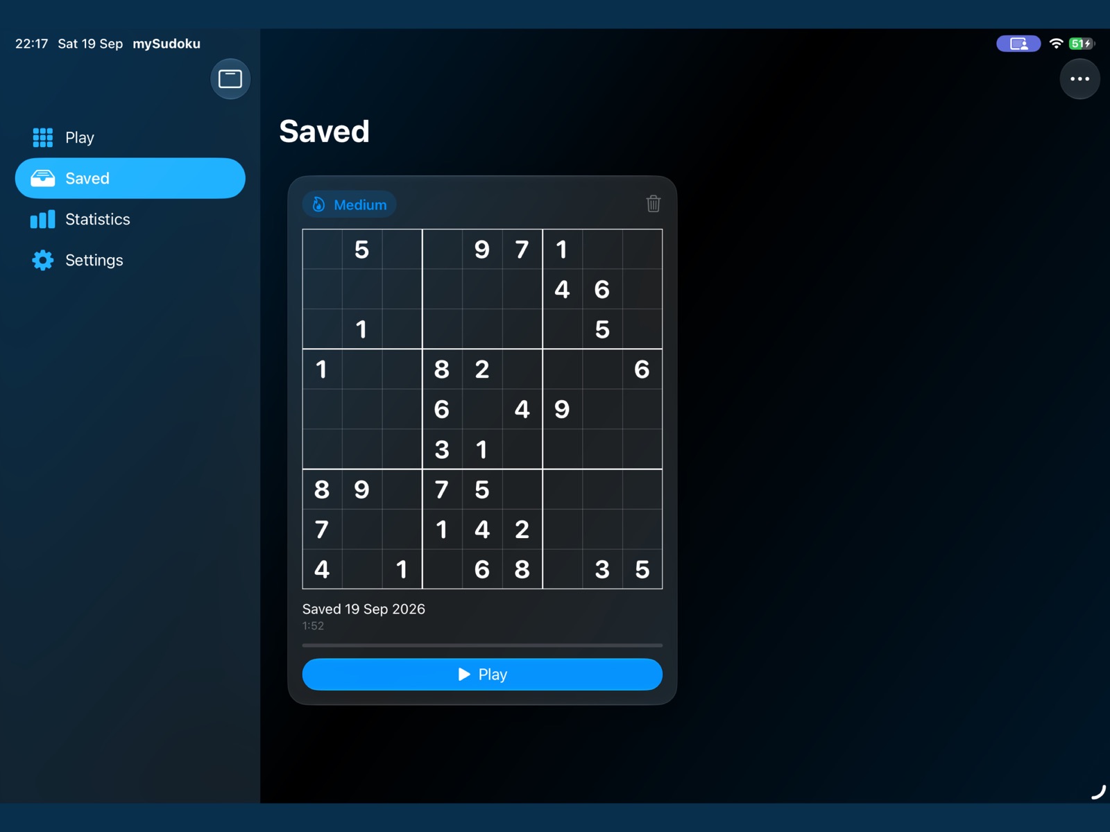 Saved tab on iPad showing a Medium puzzle card with a drawn picture of the board, the saved date, elapsed time, a progress bar and a Play button