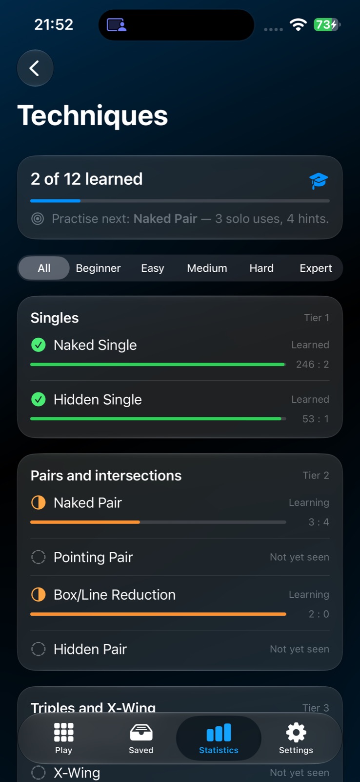 Techniques screen on iPhone showing 2 of 12 learned, a suggestion to practise Naked Pair next, and techniques grouped by tier: Singles, Pairs and intersections, Triples and X-Wing