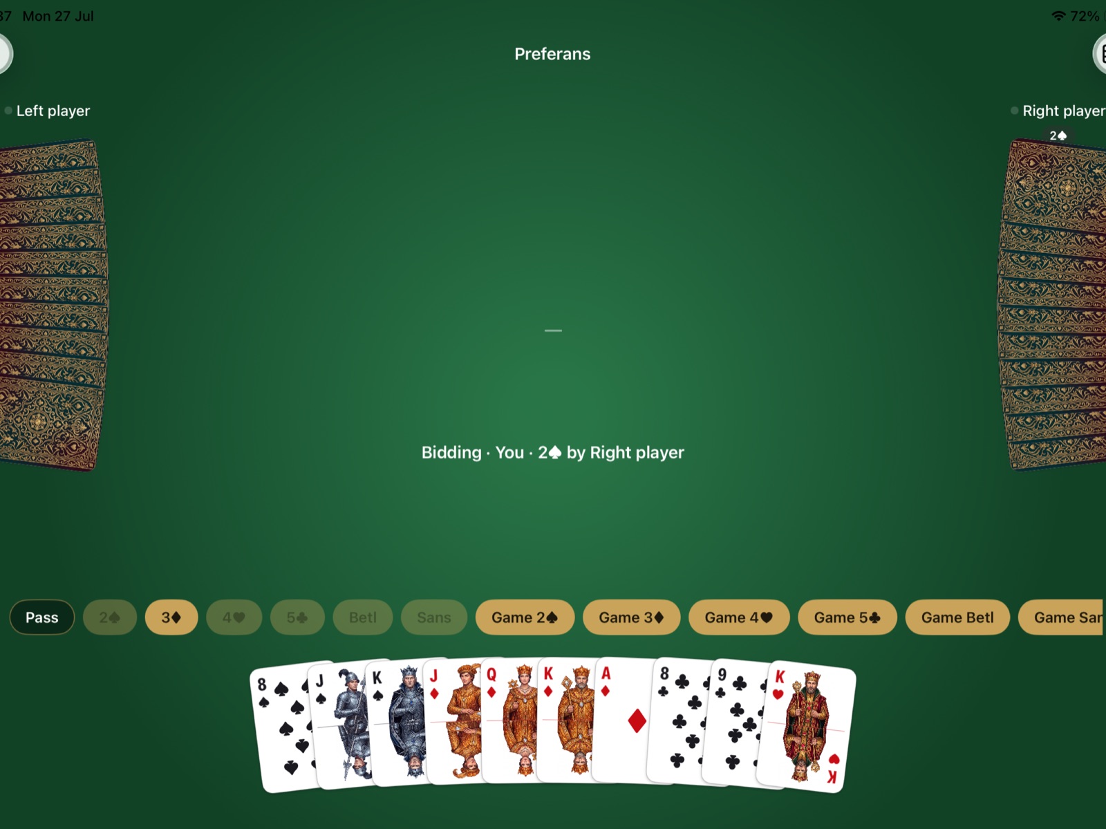 Preferans bidding screen on iPad showing the auction ladder from Pass to Game Sans and a hand of painted court cards