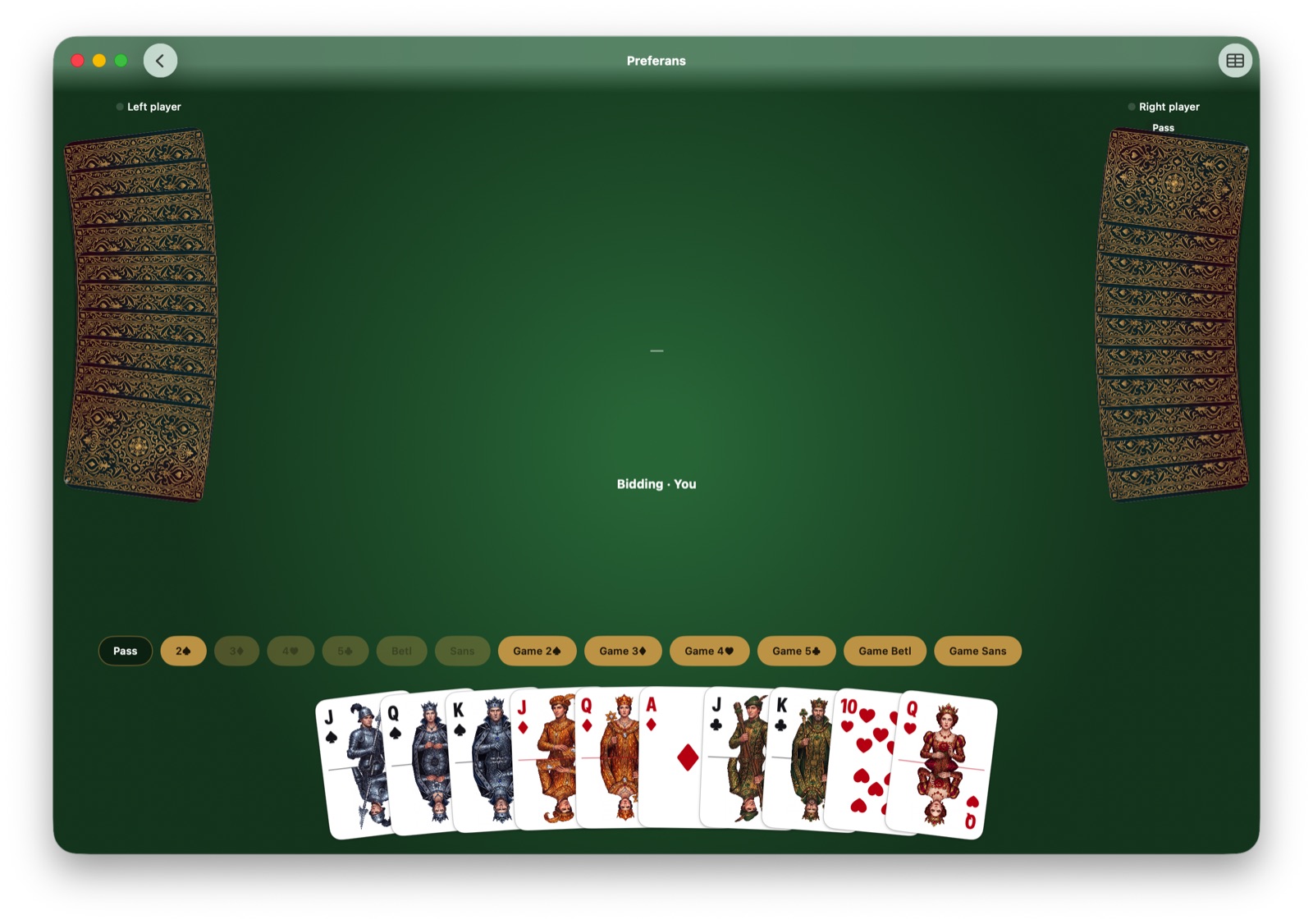 Preferans bidding screen on Mac showing a full hand of painted double-headed court cards and a bidding ladder from Pass up to Game Sans