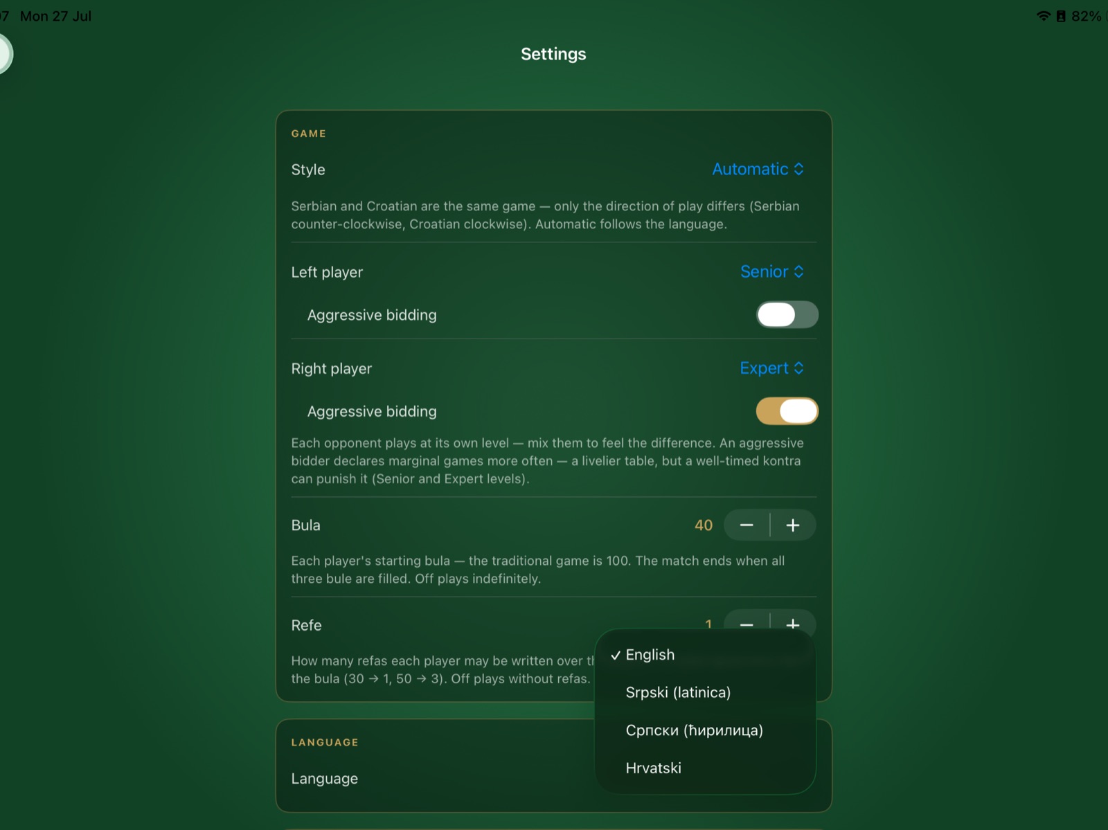 Settings screen on iPad with a language picker showing English, Serbian Latin, Serbian Cyrillic and Croatian