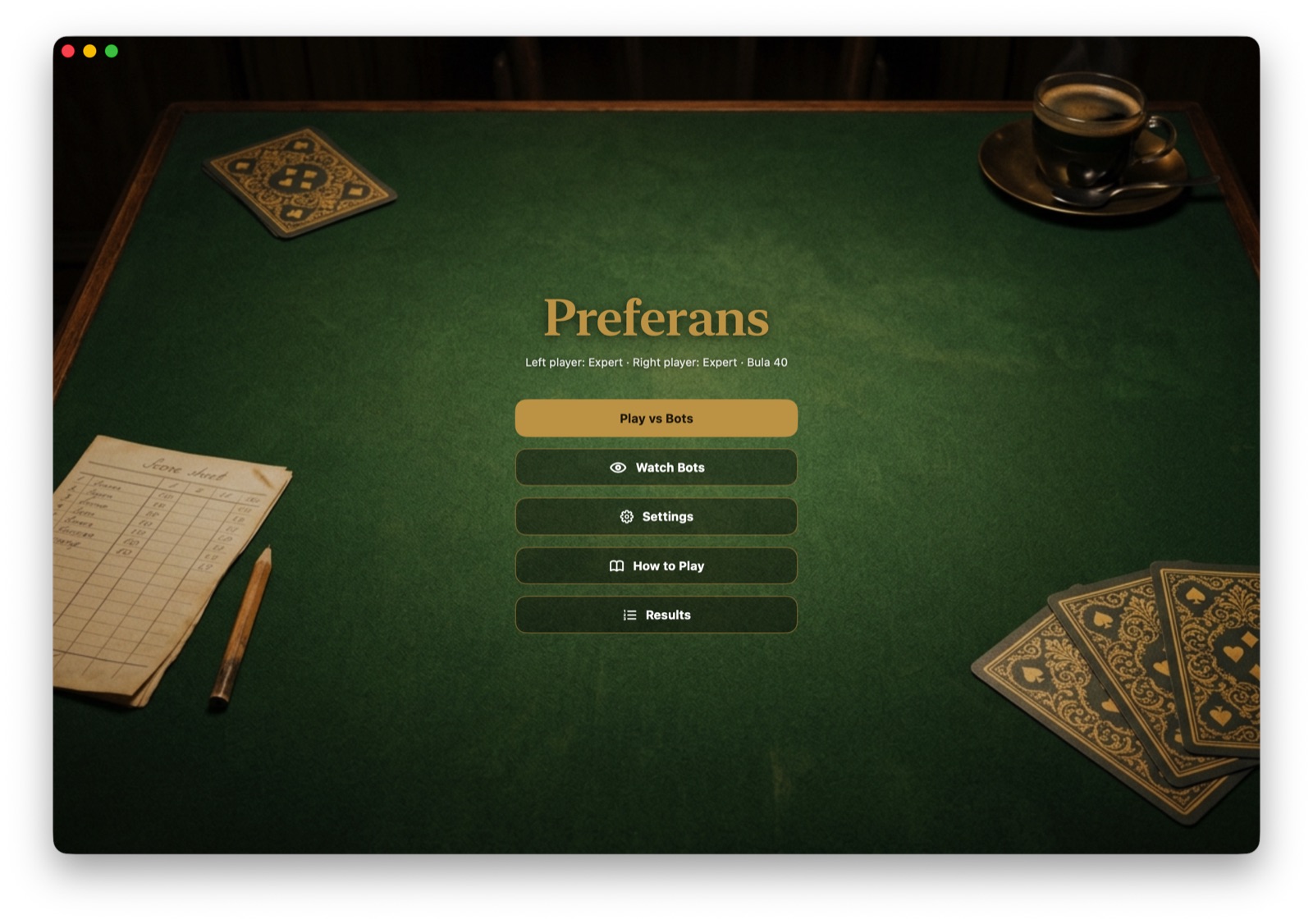 Preferans main menu on Mac showing the choice between Play vs Bots, Watch Bots, Settings, How to Play and Results