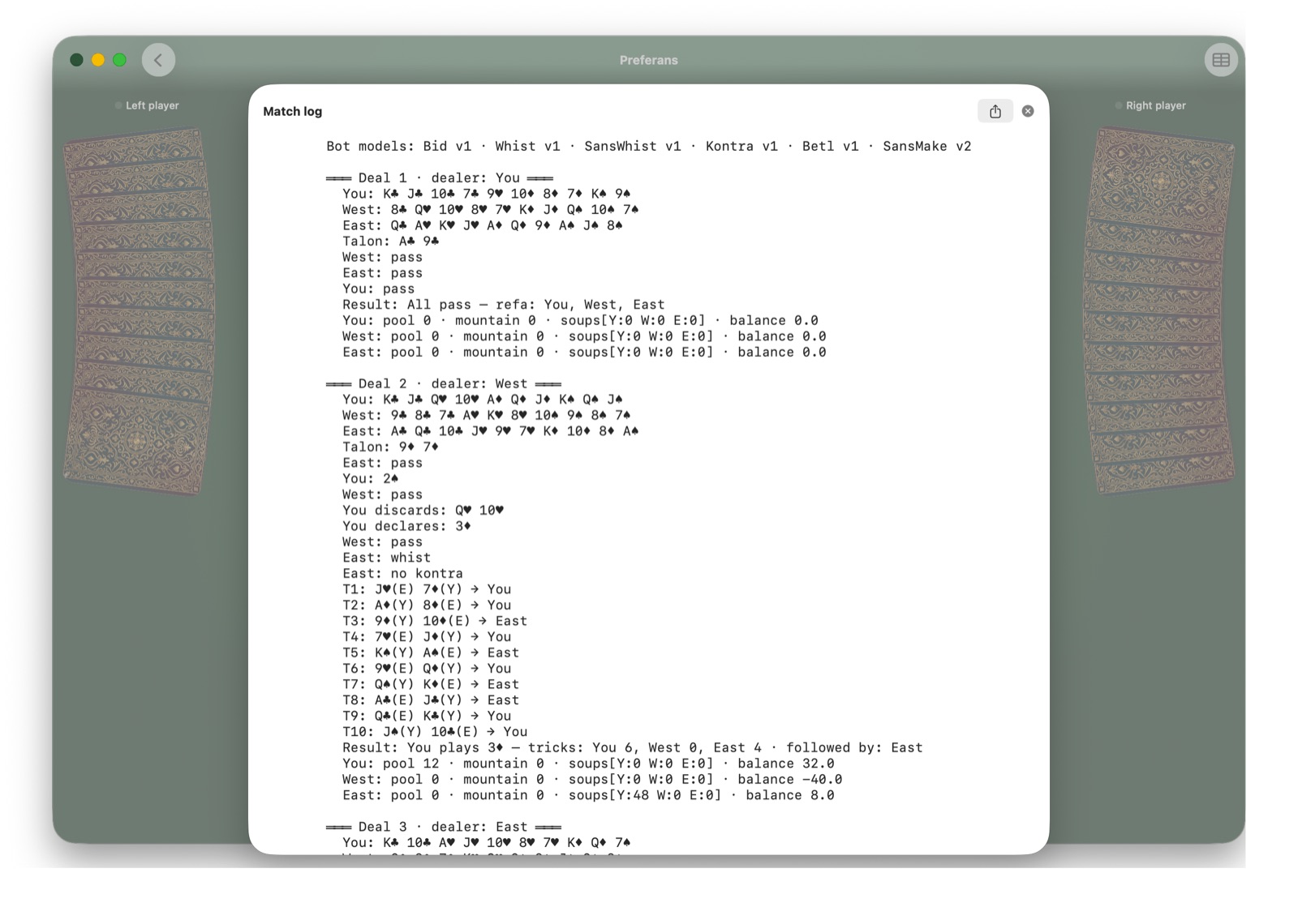 Match log on Mac showing deal-by-deal text of hands dealt, the auction, the talon, and every trick played