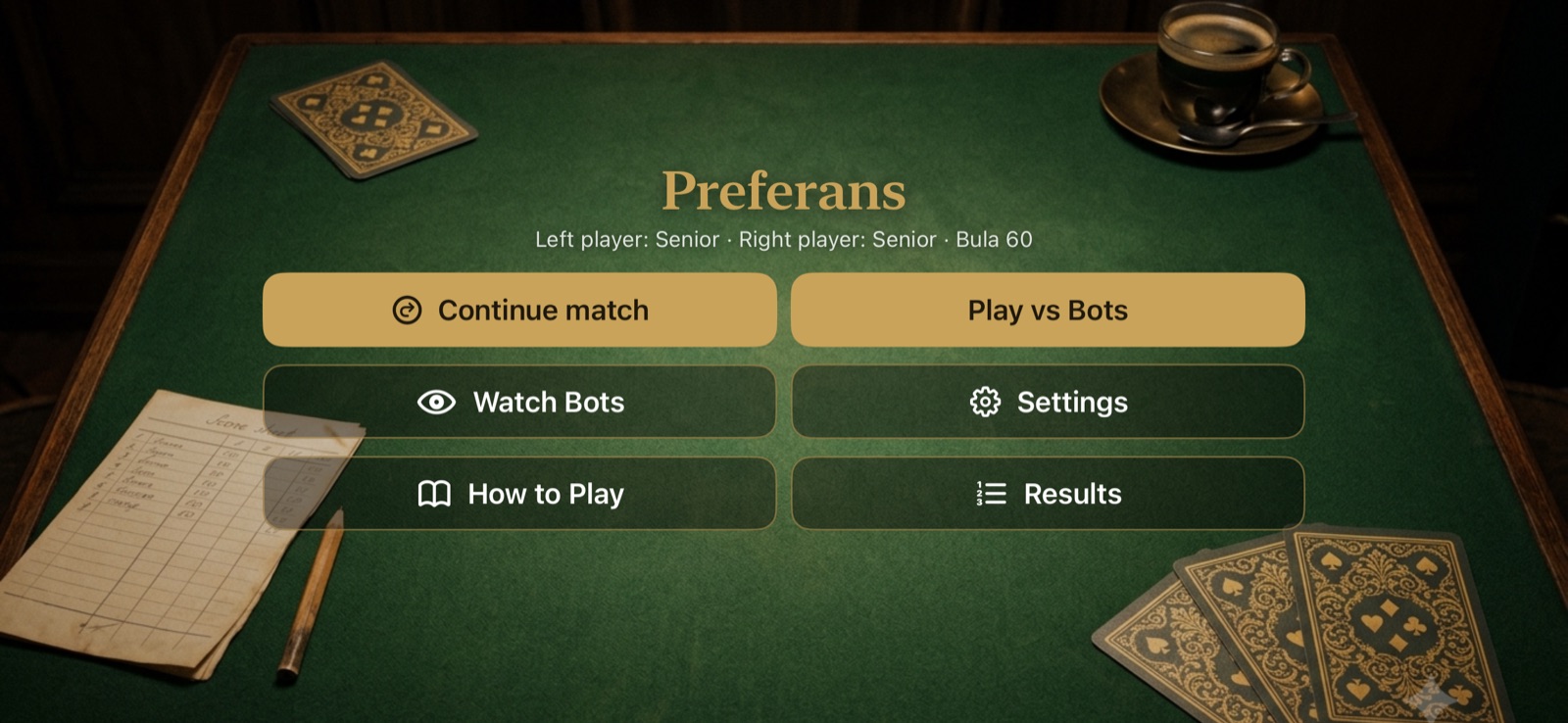 Preferans main menu on iPhone in landscape, showing a green felt table with a score sheet, pencil, coffee cup and a fanned deck of cards