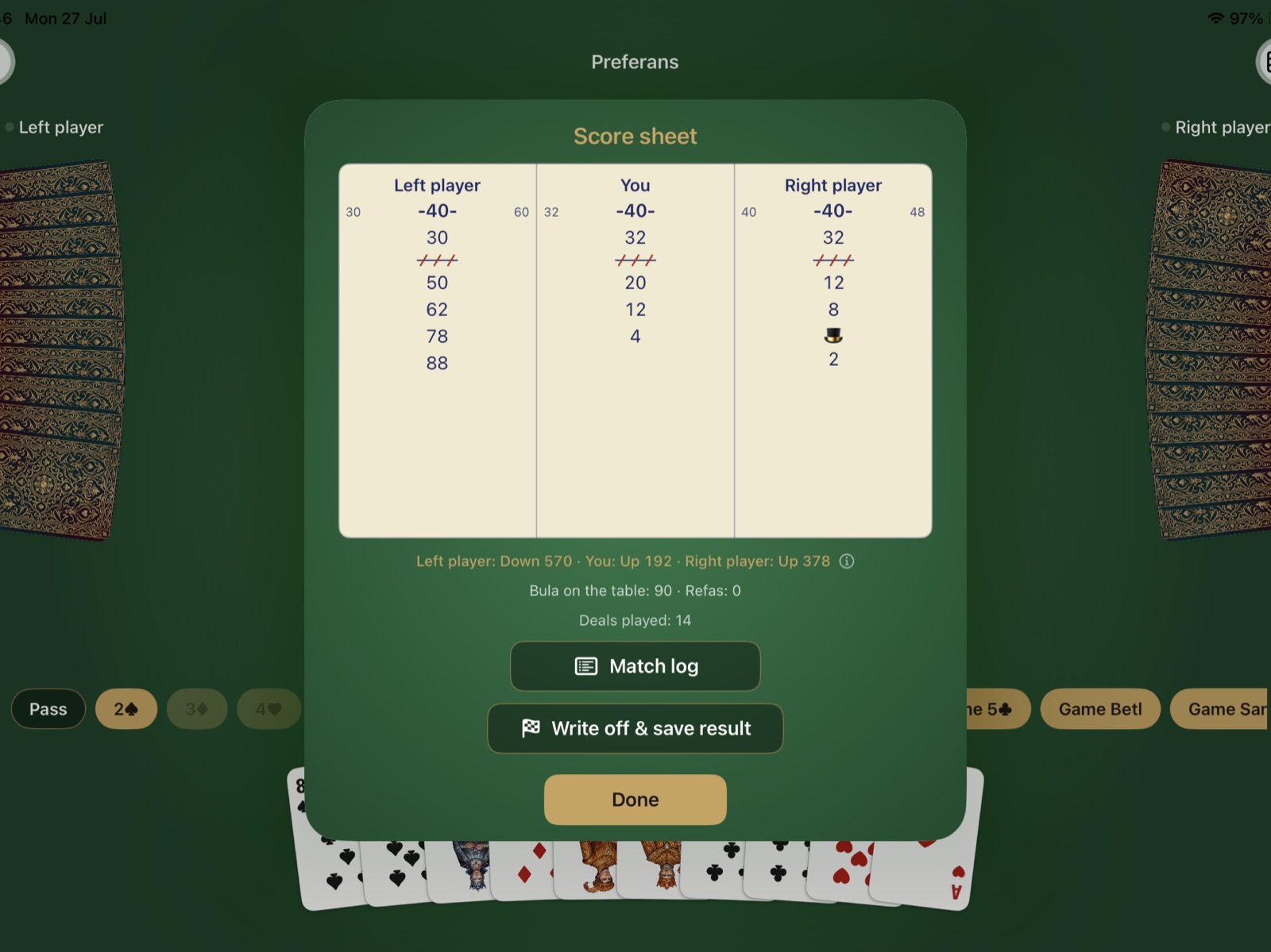 Classic paper score sheet on iPad with three columns, crossed-out refa marks, and a top hat symbol marking a player's balance crossing zero