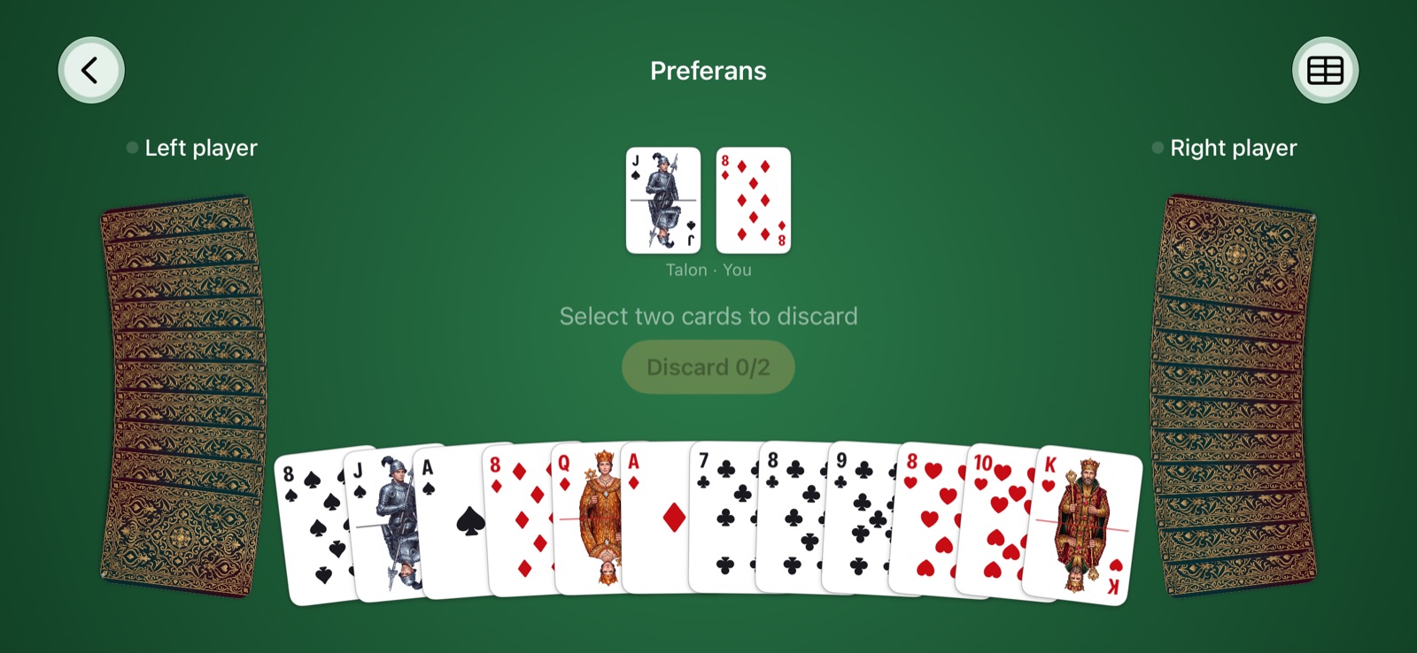 Preferans talon screen on iPhone showing the two revealed talon cards and a prompt to select two cards to discard
